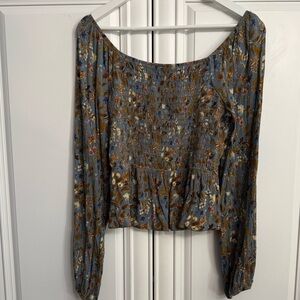 White Birch Women's Medium Blue w/Floral Print Smocked Long Sleeve Blouse Boho